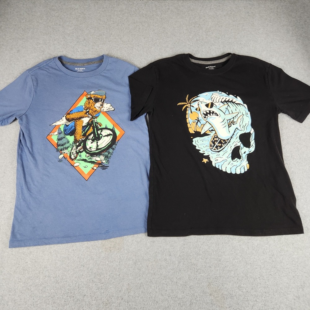 Old Navy T Shirt Boys XL/14-16 Blue Black Biking Surfing Skate Graphic Lot of 2
